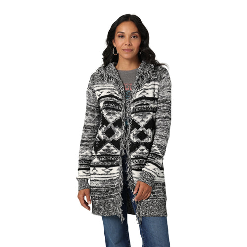 Pard's Western Shop Wrangler Women's Black & White Southwestern Pattern Hooded Sweater Cardigan with Fringe Trim