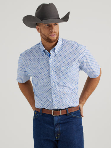 Pard's Western shop Wrangler George Strait Collection Blue & White Geometric Print Short Sleeve Button-Down Shirt