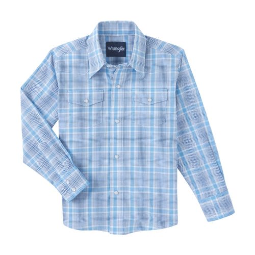 Pard's Western Shop Wrangler Boys Blue/White Plaid Wrinkle Free Snap Western Shirt