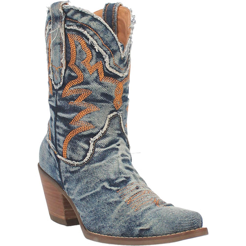 Pard's western shop Dingo Ladies Y'all Need Dolly Blue Denim Fashion Western Boots with Orange Stitching