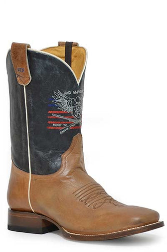 Pard's Western Shop Roper Footwear Men's Waxy Burnished Tan Square Toe Boots with Blue 2nd Admendment Embroidered Tops