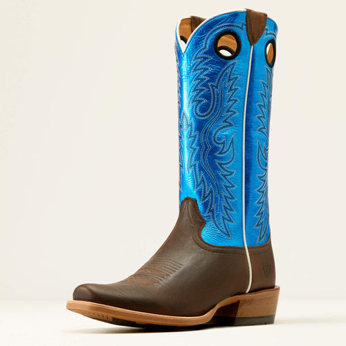 Pard's Western Shop Ariat Men's Tabacco Ringer Cowboy Boots with Narrow Cutter Toe and Blue Patent Tops