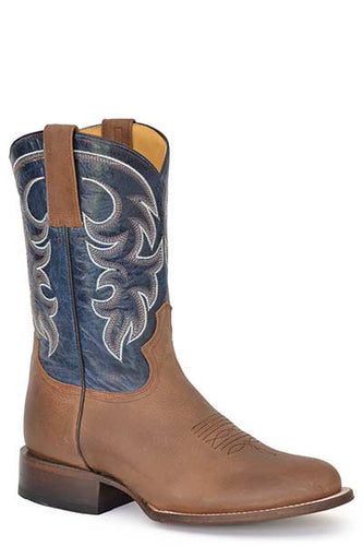 Pard's Western Shop Men's Waxy Tan Rowdy Round Toe Boots with Dark Blue Tops from Roper Footwear