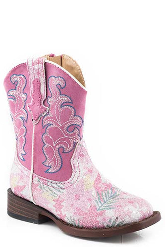 Pard's Western Shop Roper Footwear Pink Floral Glitter Square Toe Boots for Toddlers