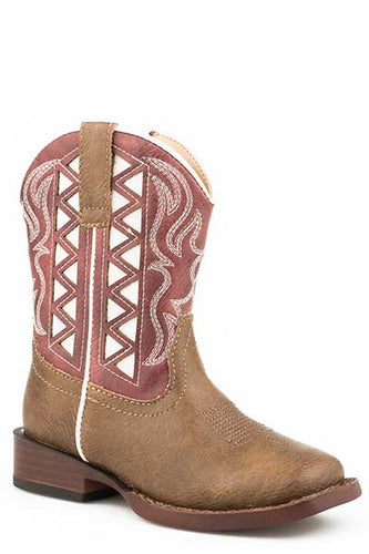 Pard's Western Shop Roper Footwear Brown Square Toe Toddlers Boots with Red Zig Zag Tops