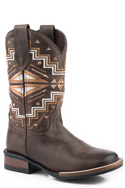 Pard's Western shop Roper Footwear Children's Brown Square Toe Boots with Aztec Embroidered Tops