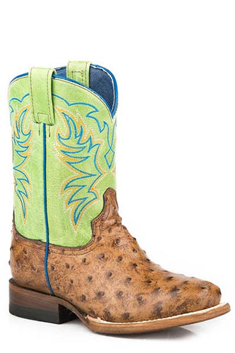 Pard's Western Shop Roper Footwear Children's Tan Ostrich Print Square Toe Boots with Bright Green Tops