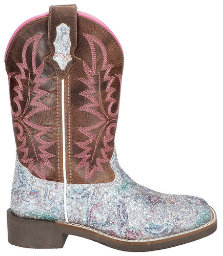 Pard's Western Shop  Kids Pastel Ariel Glitter Square Toe Boots with Distressed Brown Tops from Smoky Mountain Boots