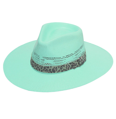 Pard's Western shop Ladies Twister Turquoise Pinched Front Fashion Bangora Straw Hat with Leopard Print Band