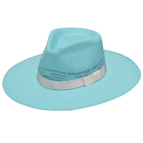 Pard's Western Shop Ladies Twister Turquoise Pinched Front Fashion Bangora Straw Hat with Ivory Band