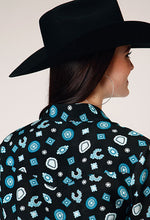 Women's Roper Apparel Black Western Snap Blouse with Turquoise Western Jewelry Allover Print