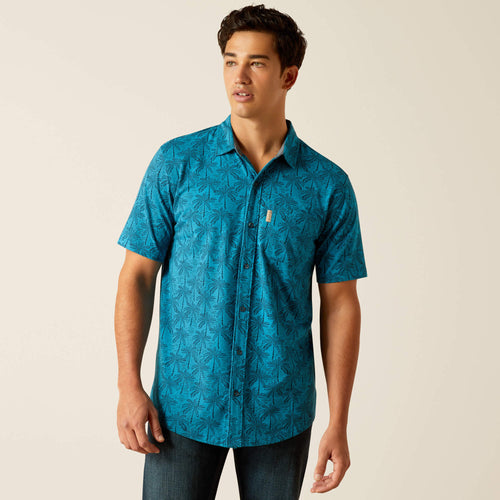 Pard's Western Shop Ariat Retro Blue Tropic Print Short Sleeve Button-Down Shirt for Men