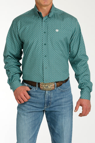 Pard's Western Shop Cinch Green & White Geometric Print Button-Down Shirt for Men