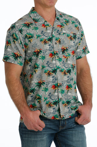Pard's Western Shop Cinch Gray Tropic Print Short Sleeve Button-Down Camp Shirt for Men