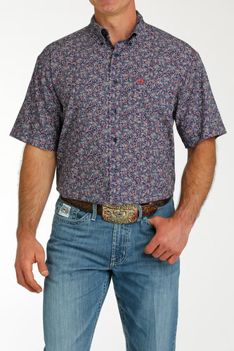 Pard's Western Shop Cinch Navy Multi Paisley Print Short Sleeve Button-Down ArenaFlex Shirt for Men