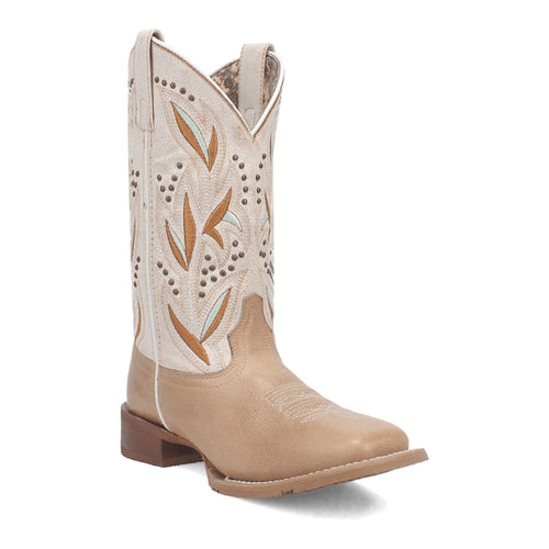 Pard's Western Shop Women's Laredo Sand/White Lydia Wide Square Toe Western Boots With Embroidered & Nail Head Accents on the Tops