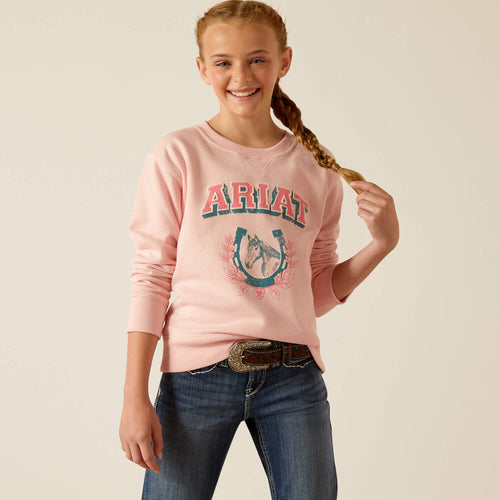 Pard's Western Shop Ariat Girls Pink College Horse/Horseshoe Sweatshirt