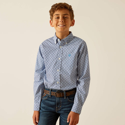 Pard's Western Shop Ariat Boys Perry Blue Geometric Print Classic Fit Button-Down Shirt