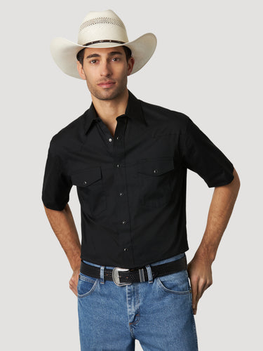 Pard's Western Shop Wrangler Men's Solid Black Short Sleeve Snap Western Shirt