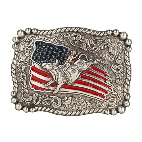 Pard's Western Shop Nocona Youth Rectangle Buckle with Distressed American Flag & Bull Rider