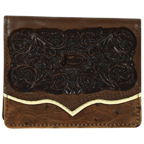 Pard's Western Shop Justin Brown Ostrich Print with Tooling Front Pocket Bifold Wallet