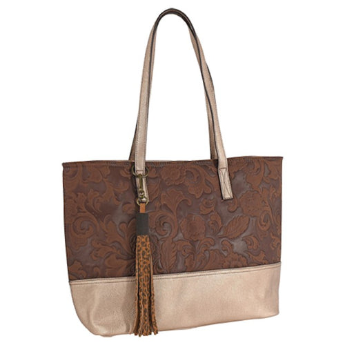 Pard's Western shop Catchfly Brown Embossed Tooled Tote with Metallic Gold Trim and Conceal Carry Pocket