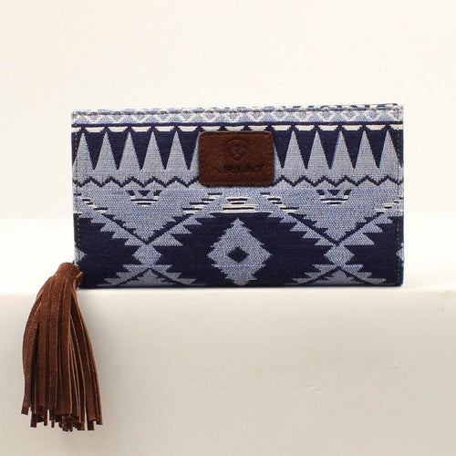 Pard's Western Shop Ariat Blue Southwest Pattern Madison Clutch Wallet with Brown Fringe Tassel