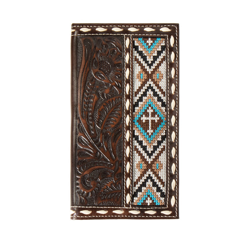 Pard's Western Shop Nocona Brown Floral Embossed Rodeo/Checkbook Wallet with Embroidered Cross Inlay