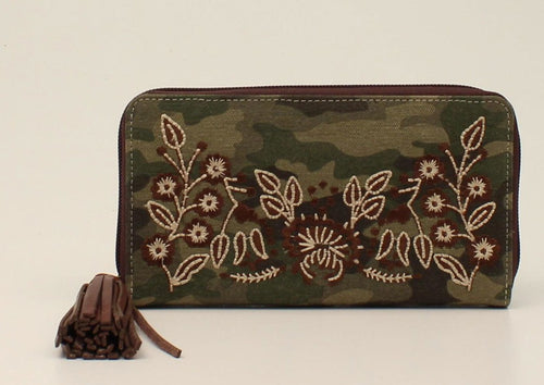 Pard's Western Shop Nocona Ladies Canvas Camo Pattern Clutch Wallet with Brown Embroidered Flowers