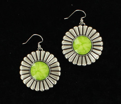 Pard's Western Shop Blazin Roxx Floral Concho Drop Earrings with Lime Green Center Stones