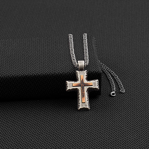 Twister Distressed Silver & Brass Cross Necklace for Men