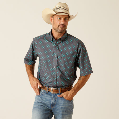 Pard's Western Shop Ariat Men's Johnnie Grey with Turquoise Print Short Sleeve Classic Fit Button-Down Shirt
