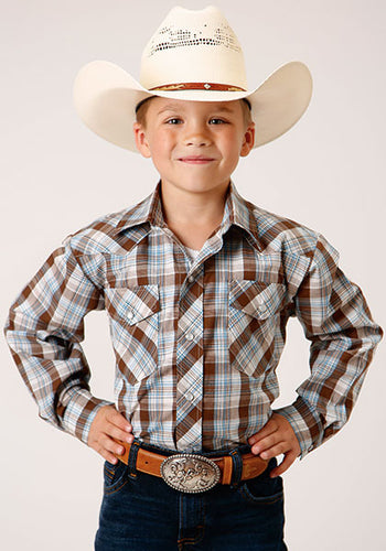 Pard's Western Shop Roper Boys Brown/Blue/White Plaid Western Snap Shirt