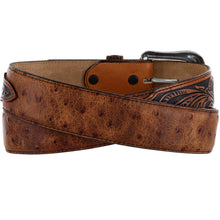 Tony Lama Men's Rustic Ostrich Print Belt with Floral Tooled Overlay
