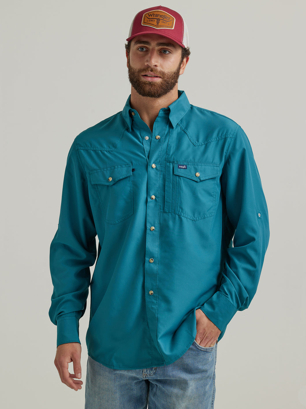 Pard's Western Shop Men's Wrangler Solid Teal Performance Snap Western Shirt