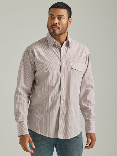 Pard's Western Shop Wrangler Wrinkle Resist Brown/White Pinstripe Western Snap Shirt for Men