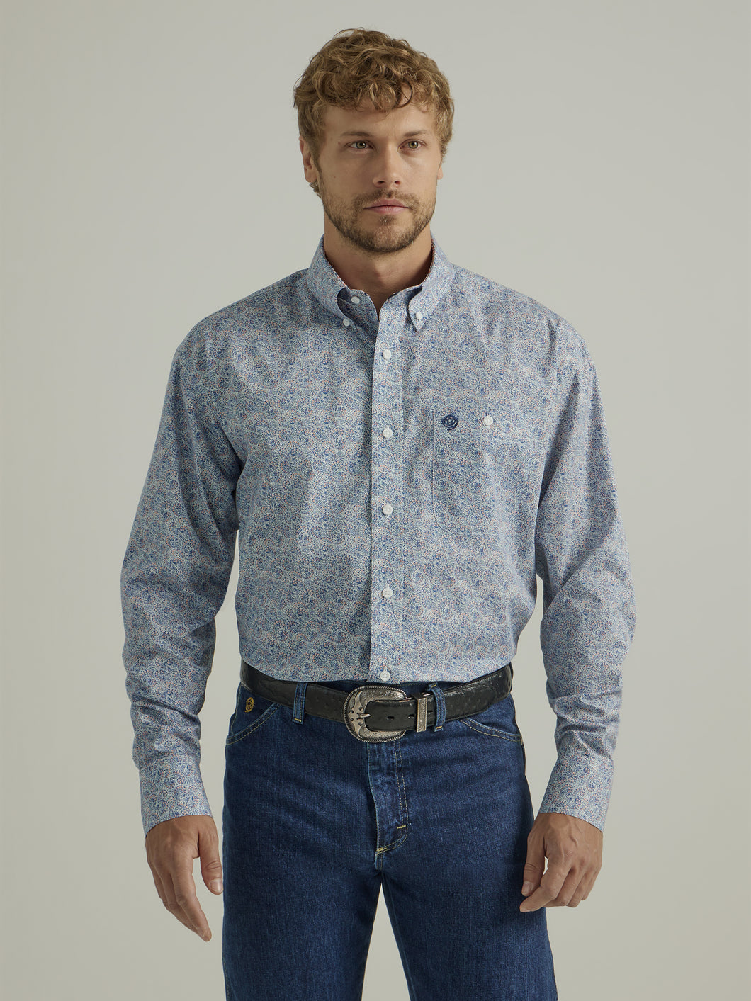 Pard's Western Shop Wrangler Men's George Strait Collection Blue/White/Orange Paisley Print Button-Down Shirt