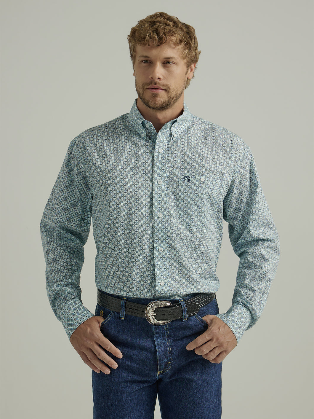 Pard's Western Shop Wrangler Men's George Strait Collection Light Blue Geometric Print Button-Down Shirt