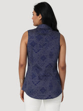 Wrangler Deep Blue Retro Aztec Print Sleeveless Snap Western Blouse for Women