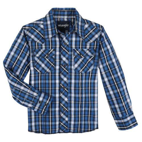 Pard's Western Shop Boys Wrangler Blue/White/Black Plaid Fashion Western Snap Shirt