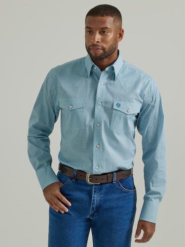 Pard's Western Shop Wrangler George Strait Troubadour Collection Turquoise Print Snap Western Shirt for Men