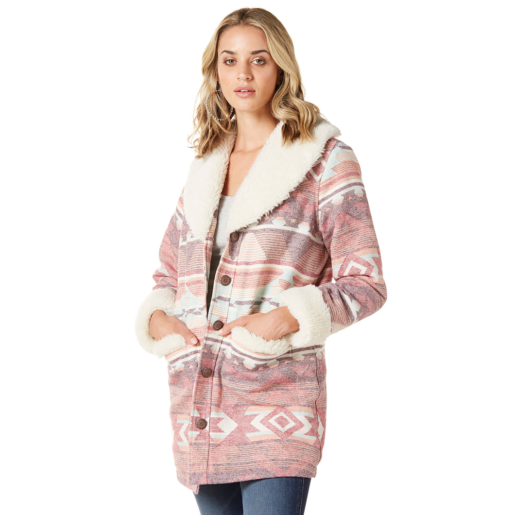 Pard's Western Shop Women's Wrangler Pink Aztec Print Retro Sherpa Shawl Collar Coat