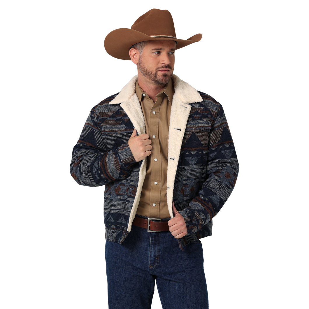 Pard's Western Shop Wrangler Men's Blue Southwest Print Sherpa Lined Trucker Jacket