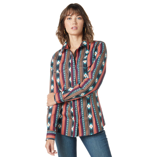 Pard's Western Shop Women's Wrangler Retro Multi Color Checotah Aztec Stripe Snap Western Blouse