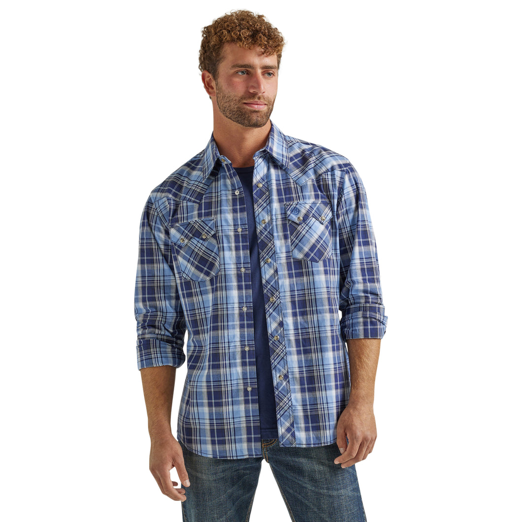 Pard's Western Shop Wrangler Retro Blue/White Plaid Snap Western Shirt for Men
