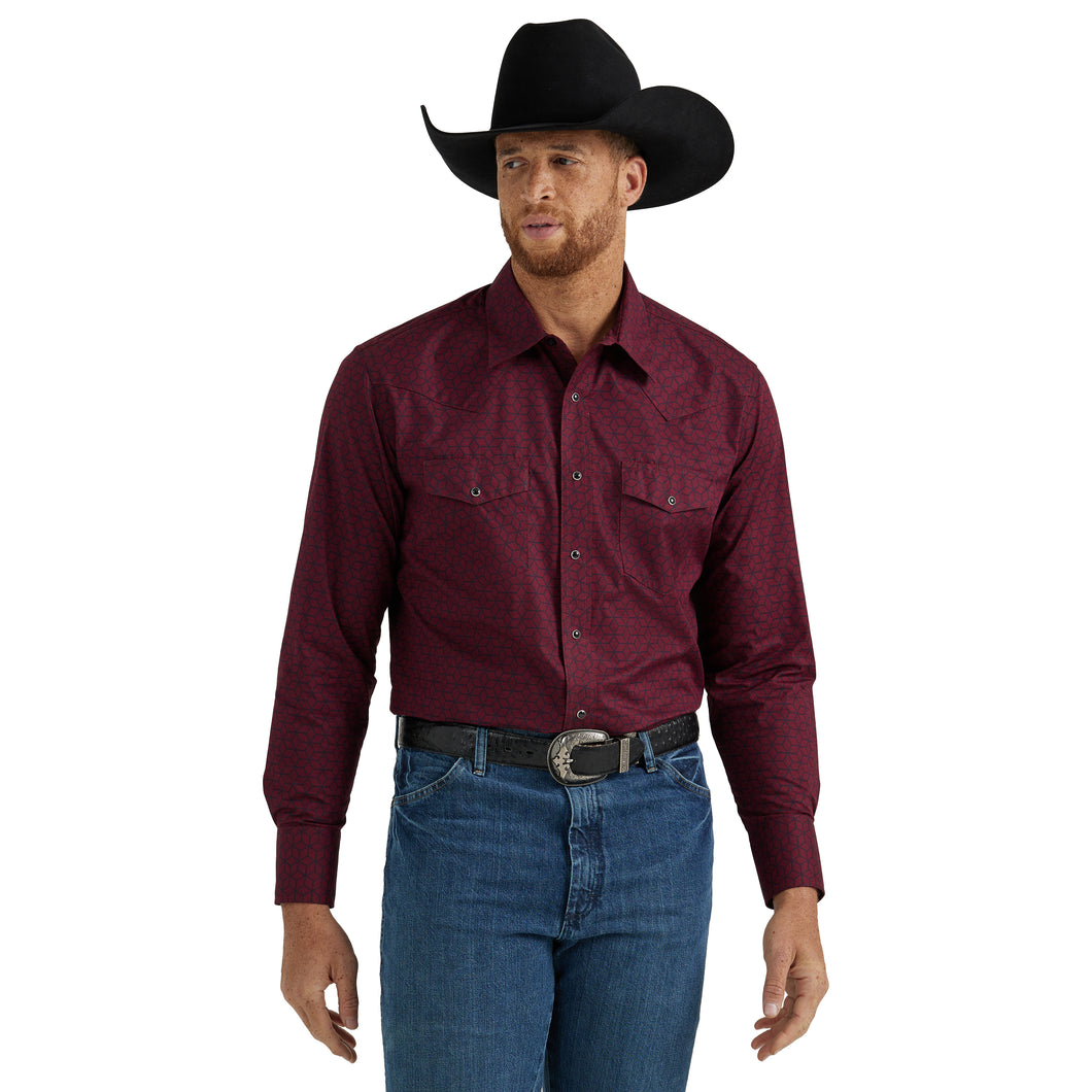 Pard's Western Shop Wrangler Silver Edition Dark Red Print Snap Western Shirt for Men