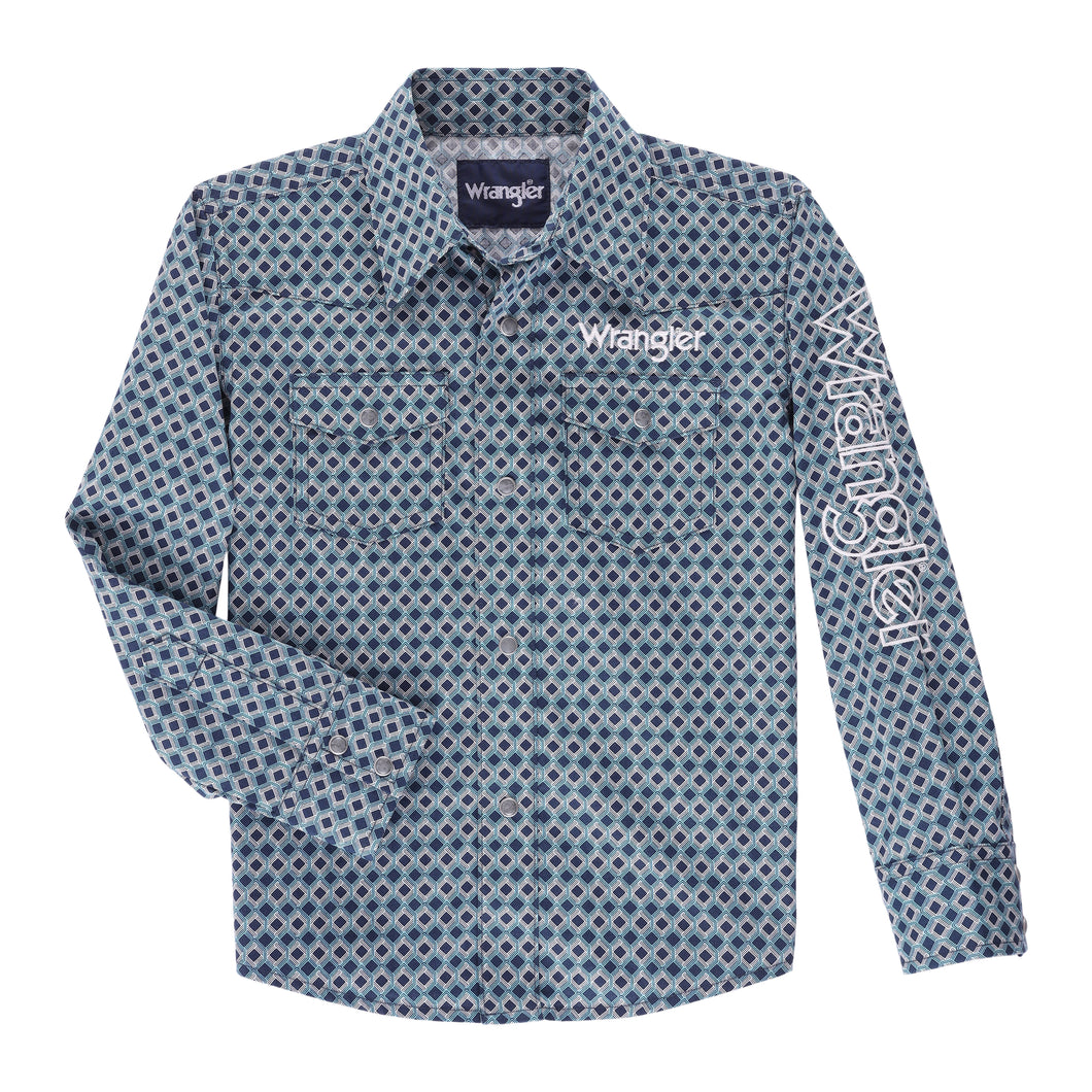 Pard's Western Shop Wrangler Boy's Blue Print Snap Western Shirt with Wrangler Embroidered Logo