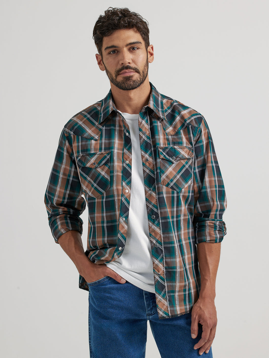 Pard's Western Shop Wrangler Green/Brown Plaid Fashion Snap Western Shirt for Men