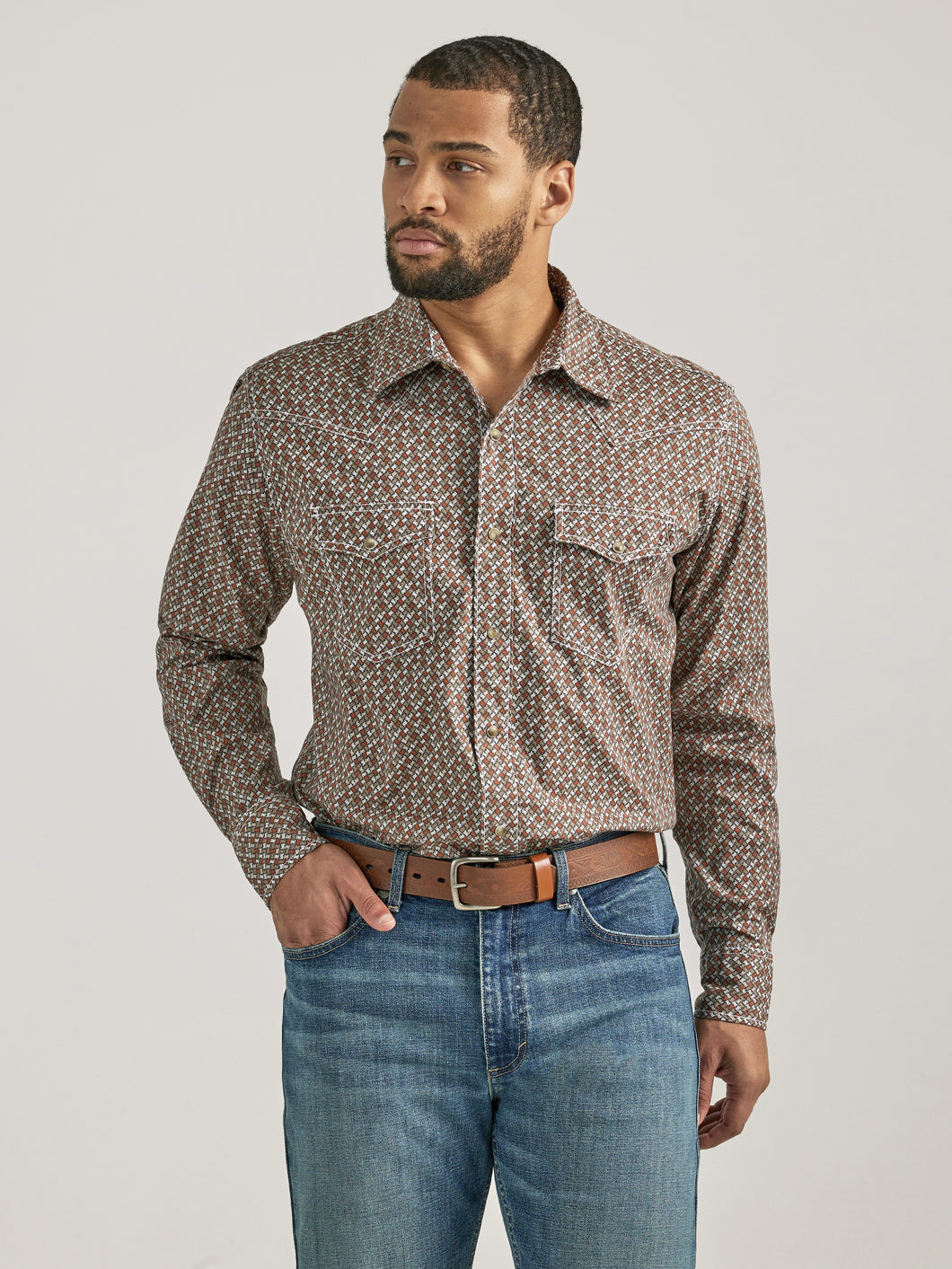 Pard's Western Shop Men's Wrangler 20X Competition Advanced Comfort Brown Geometric Print Western Snap Shirt