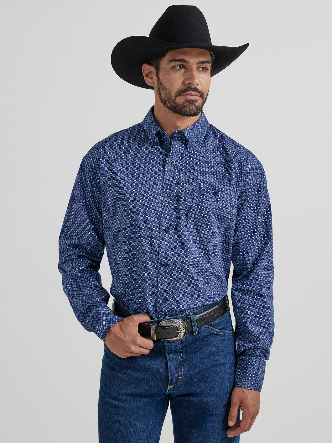 Pard's Western Shop Wrangler George Strait Collection Dark Blue Geometric Print Button-Down Shirt